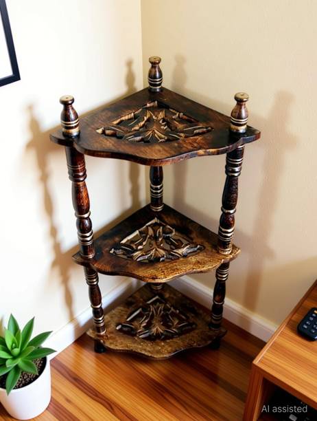 forest craft Mini Corner Rack | Corner Stand | Side Table | Corner Shelf Rack for Bedroom, Home and Living Room - Small Side Table or Stand | 3-Tier Mini Corner Rack Shelves Wooden Wall Shelf