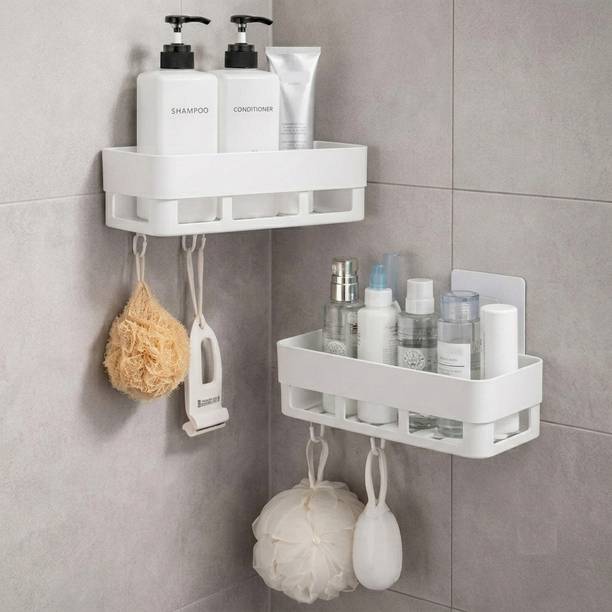 Oreviaa Wall-Mounted Plastic Bathroom & Kitchen Storage Organizer (White, Pack of 2) Plastic Wall Shelf