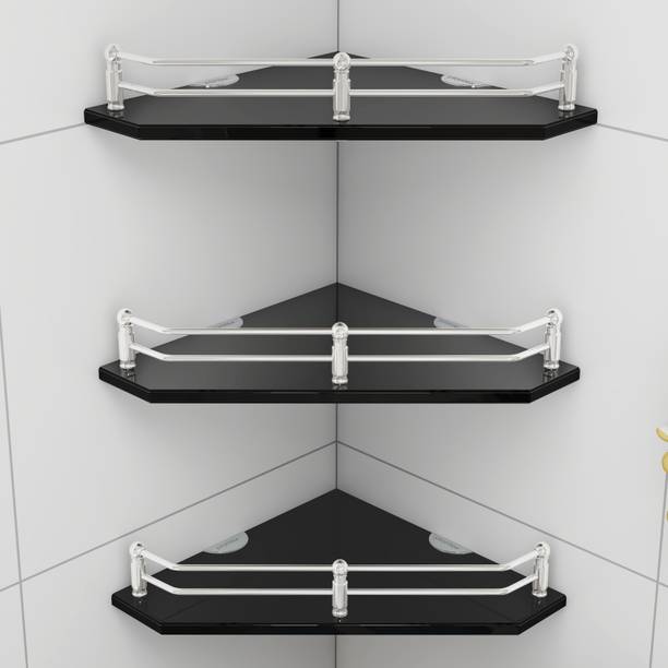 Impulse by Plantex Diamond Black Glass Corner Shelf for Kitchen/Bathroom Accessories (9 x 9 Inches) Glass Wall Shelf