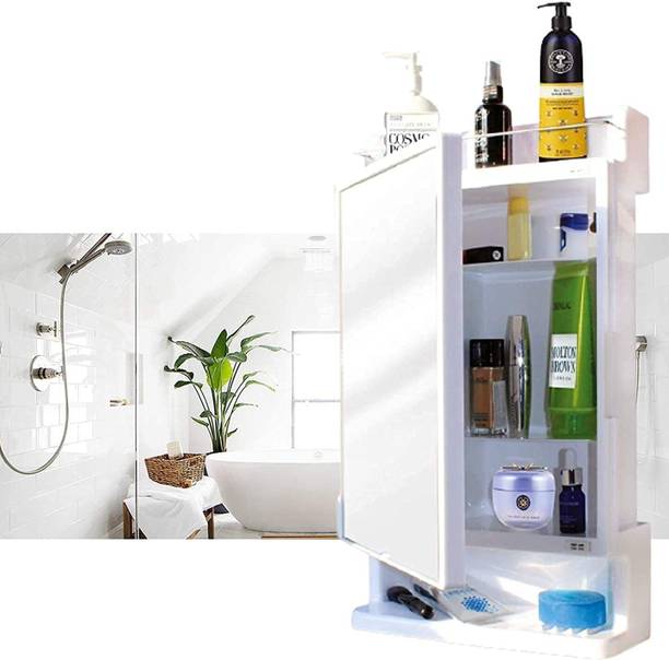 Branco Rich Look Bathroom Mirror Cabinet | 5 Shelves Storage Organizer | (Ivory) Plastic, Glass Wall Shelf