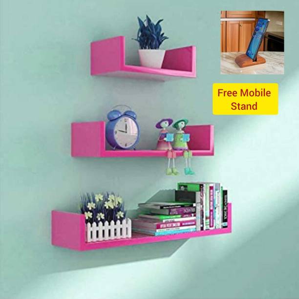 CraftOnline U-Shape Floating Wall Shelves for Home Decoration With Free Mobile Stand Wooden, MDF (Medium Density Fiber) Wall Shelf
