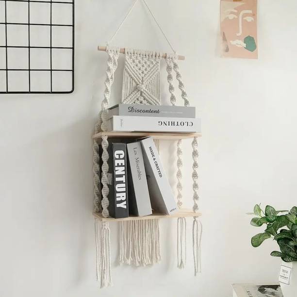 RaisingCraft 2 Tiered Small Macrame Shelf, Hanging Plant Shelves, Macrame Wall Hanging Wooden Wall Shelf