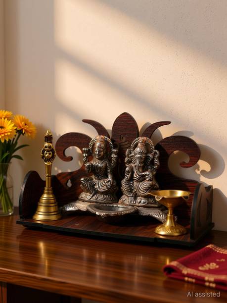 Gojeeva Premium Ganesh Ji Carved Pattern Devghar, Set-Top Box Stand Wooden Mandir Temple Wooden Wall Shelf