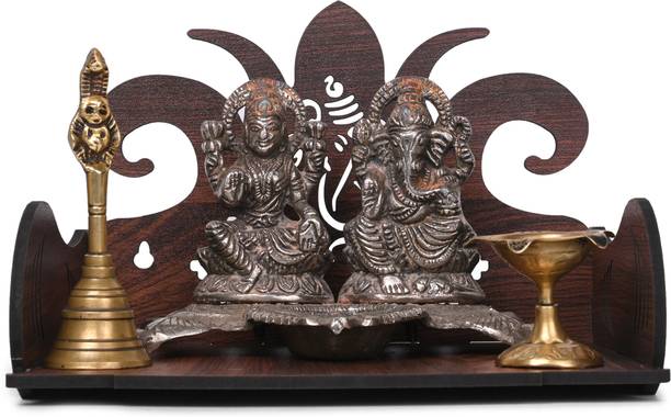 Gojeeva Premium Ganesh Ji Carved Pattern Devghar, Set-Top Box Stand Wooden Mandir Temple Wooden Wall Shelf