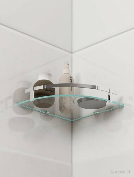 ModDwell Corner Shelf 230mm – Clear Glass, Quadrant Shape, With Railing Glass Wall Shelf
