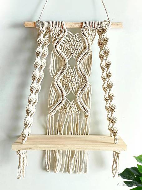 Adiy Macrame Wall Hanging Shelf Boho Home Decor, Rustic Wood Rack Floating Shelf Wooden Wall Shelf