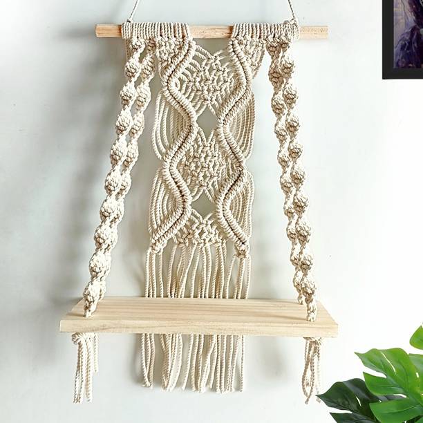 Adiy Macrame Wall Hanging Shelf Boho Home Decor, Rustic Wood Rack Floating Shelf Wooden Wall Shelf