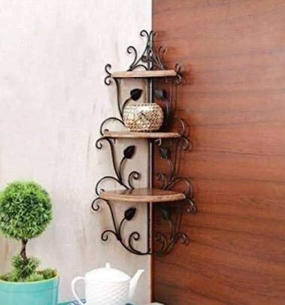 Unique Arts Shoppee Wall Shelf Wood Iron Corner Rack Stand Wall Hanging, Mounted, Wall Decorative Iron, Wooden Wall Shelf