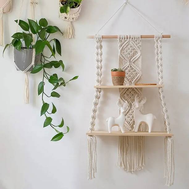 RaisingCraft Wall Hanging Double Shelf – Boho Chic Home Décor Wooden Wall Shelf