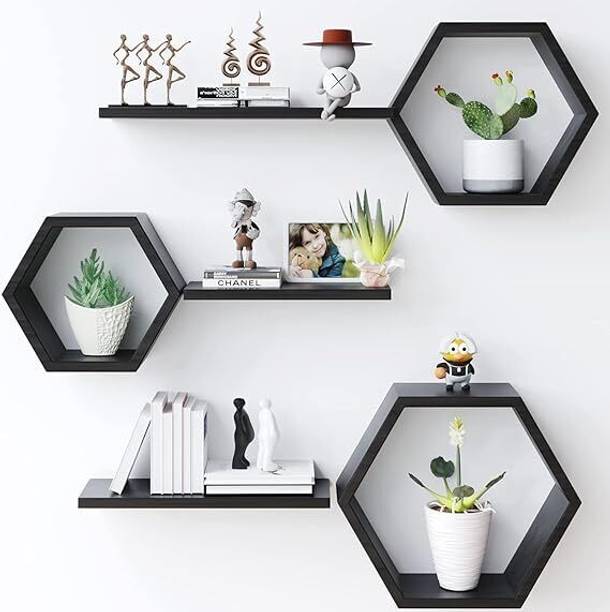 CraftOnline Wooden Hexagonal Shape Wall Hanging Rack Shelf Wall Shelf for Living Room Wooden, MDF (Medium Density Fiber) Wall Shelf