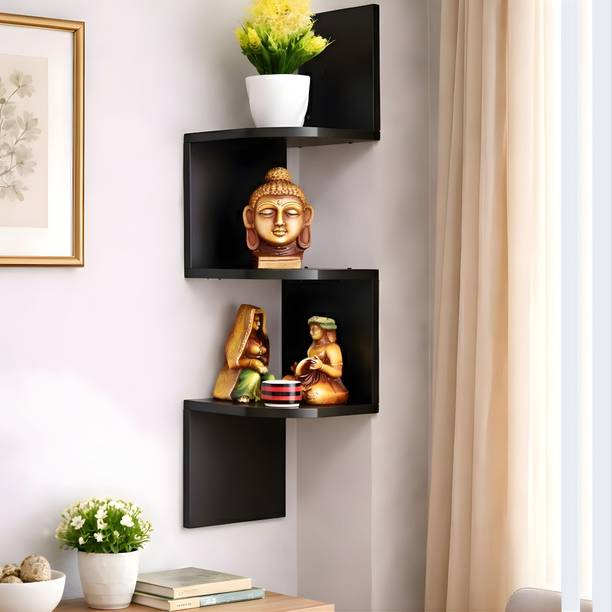 Xtenshion Crafts 3 Tier Wooden ZigZag Corner Shelf | Wall Shelves | Room Decor | Wall Rack Wooden Wall Shelf