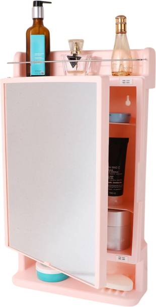 CIPLA PLAST Rich Look Bathroom Cabinet | Mirror with Shelf | 4 Shelves Storage | PINK Plastic, Glass Wall Shelf