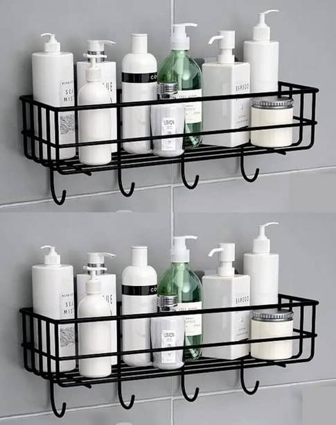kridha Stainless Iron Coating Self-Adhesive Metal Rack Storage Shelf with 4 Hook Stainless Steel, Iron Wall Shelf