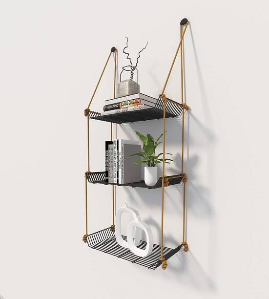 Meshable Weebill Metal Wall Shelves | Hanging / Floating Shelf with Jute Rope - 3 Tier Iron Wall Shelf