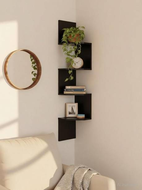 MAKRAFT Zigzag Corner Wall Mounted Organizer for Living Room, Bedroom & Office MDF (Medium Density Fiber) Wall Shelf