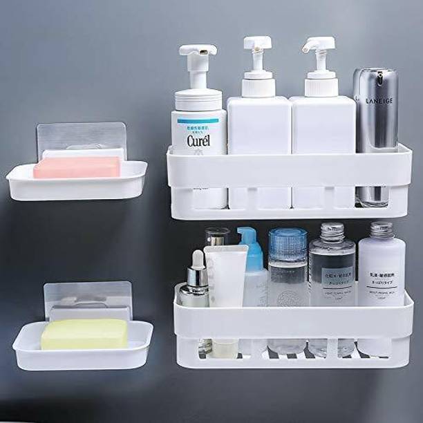 KYASO Pack of 4 Wall Mount Bathroom Shelf and Soap Rack for Home and Kitchen. Adhesive Sticker Support Without Drilling. (2 Bathroom Shelf + 2 Soap Dish, White Color)