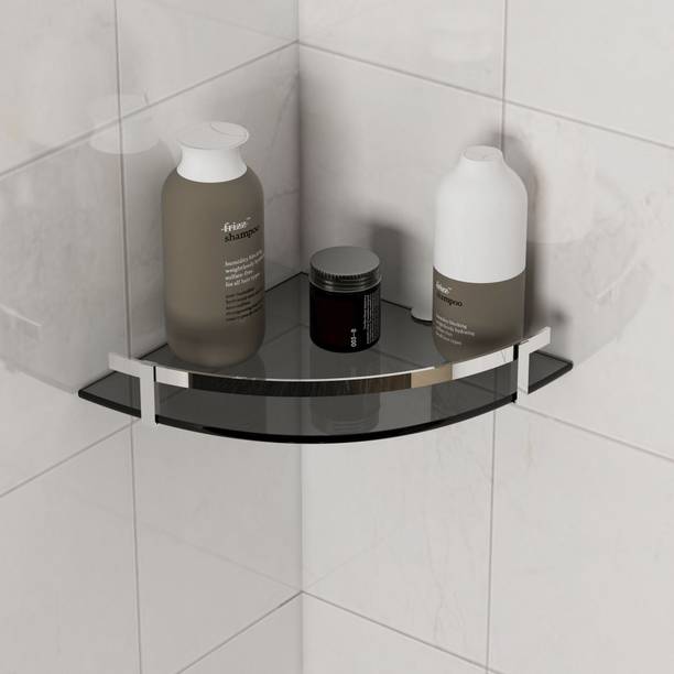 ModDwell Corner Shelf 230mm – Tinted Glass, Quadrant Shape, With Railing Glass Wall Shelf