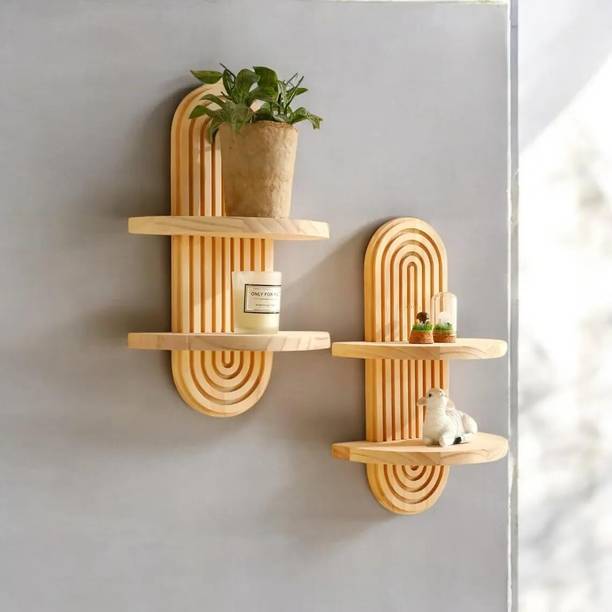 Contraxify Modern Arched Wood Shelves - Set of 2 Floating Wall Mounted Decor Racks Wooden Wall Shelf