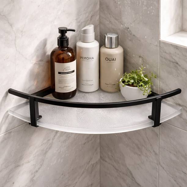 vanshvayuri 8*8 Matte Acrylic Corner Shelf with Black Bracket | Bathroom Wall Mount Rack Acrylic, Aluminium Wall Shelf