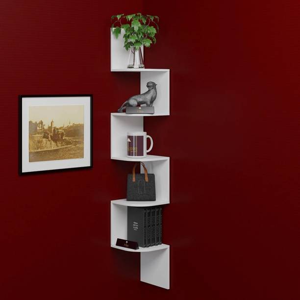 luxeaurum LUXEAURUM Corner Wall Unit 5 Tier Zigzag Floating Shelf for Living Room White Wooden Wall Shelf