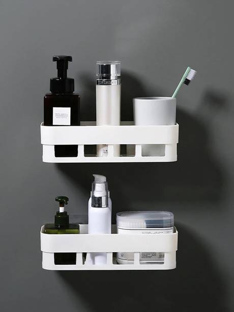 DAITORY Set Of 2 ABS Plastic Hanging Multipurpose Home Decor Kitchen Bathroom Accessories Sets Toothbrush Holder Traceless Wall Holder Decor Items Storage Shower Rack Shelf Basket with 4 Strong Adhesive Sticker (2 Bathroom Shelves) Plastic Bathroom Set