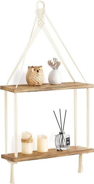inshreys Macrame Hanging Shelf Floating Wall Decor 2 Tier Handmade Cotton Rope Wood Wooden Wall Shelf