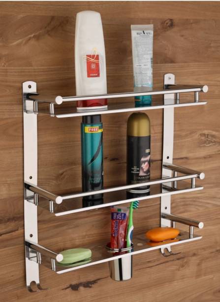 Well Set Multipurpose Bathroom & Double Dish&Tumbler&Soap&Tooth Brush Holder 3 leyer Stainless Steel Wall Shelf