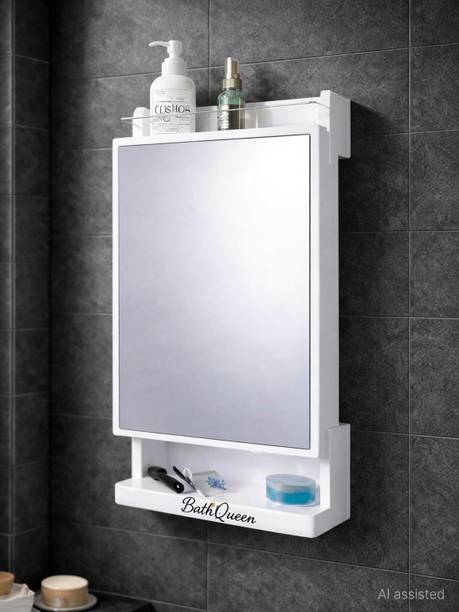 Bath Queen Bathroom Cabinet with Mirror - White Plastic Wall Shelf