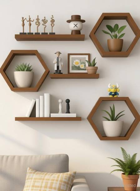 WallWonder Wooden Hanging Floating Haxagon Shape Wall Shelf Showcase 4 Storage Nos-6 Brown MDF (Medium Density Fiber) Wall Shelf