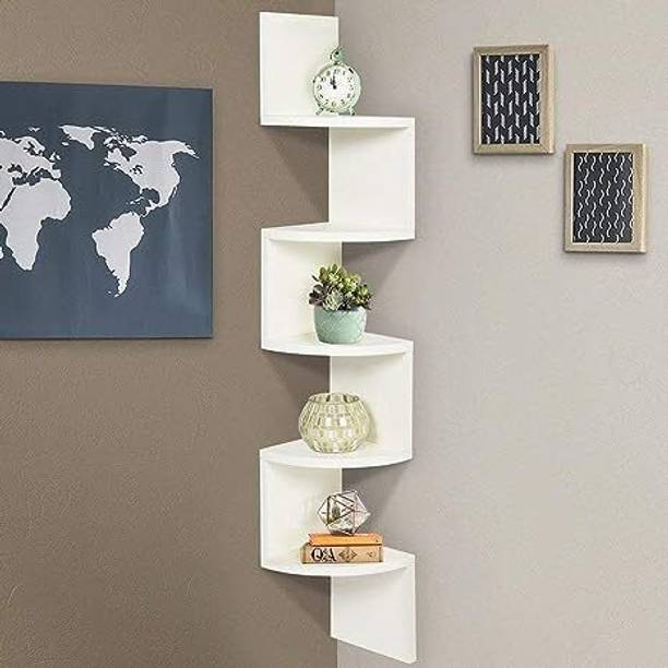 Mahira Wooden Zone PINEWOOD New Floating Corner Shelf, Wall Mounted Zigzag Display Storage MDF (Medium Density Fiber), Wooden Wall Shelf