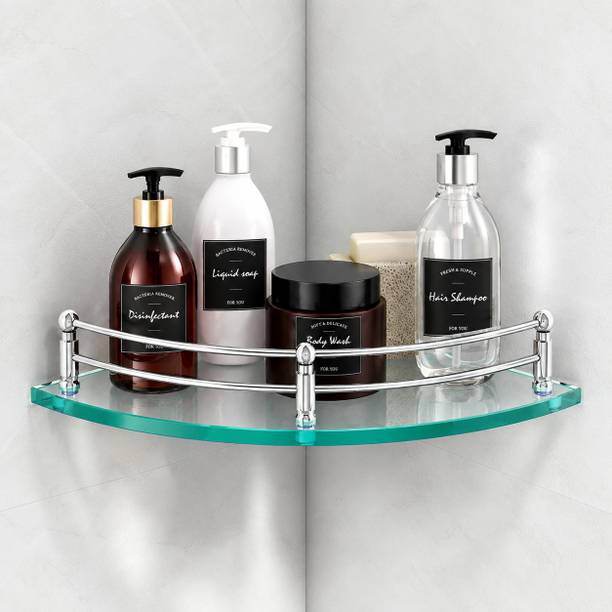 Inficore 7.5 Inch Glass Corner Shelf for Bathroom | Self Adhesive Glass Wall Shelf