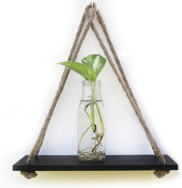 VAH Black Wood 1 Layer Wall Floating Wall Shelf Wall Rustic Jute Rope Shelves Wooden Wall Shelf