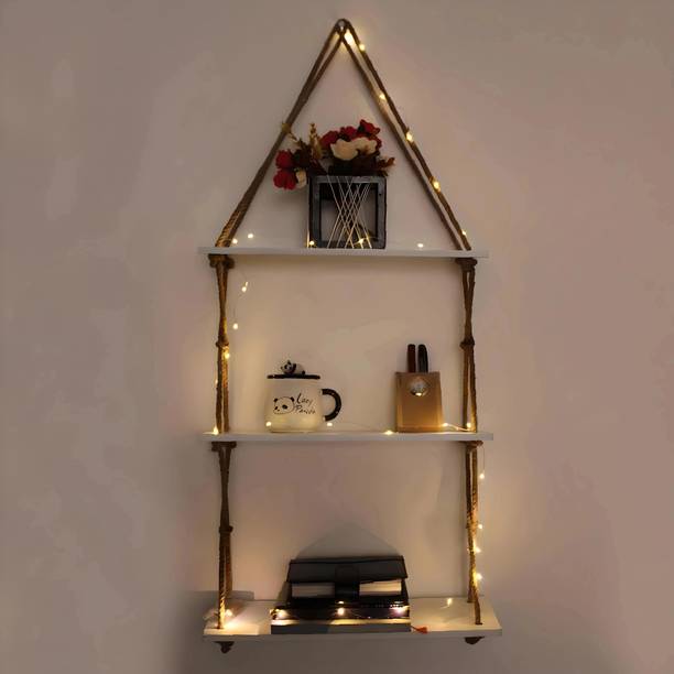 VAH Wall Hanging Shelf with 3 Tier and LED Wood Floating Wall Shelves with Jute Rope-Home Decor Organizer Wooden Wall Shelf