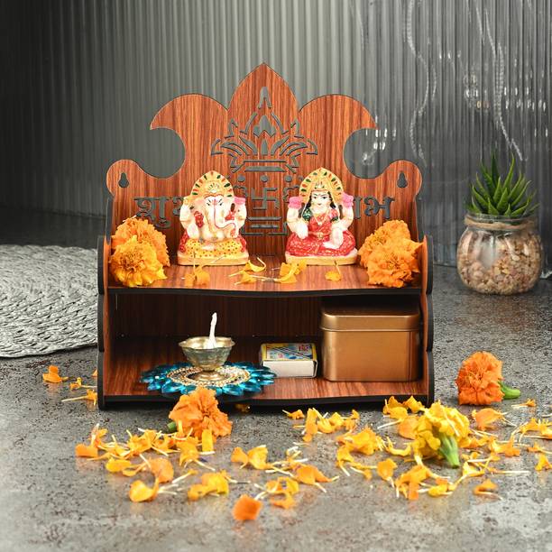 Gojeeva Premium Subh Labh Kalash Carved Pattern Devghar, Wooden Mandir Temple(DIY) Wooden Wall Shelf