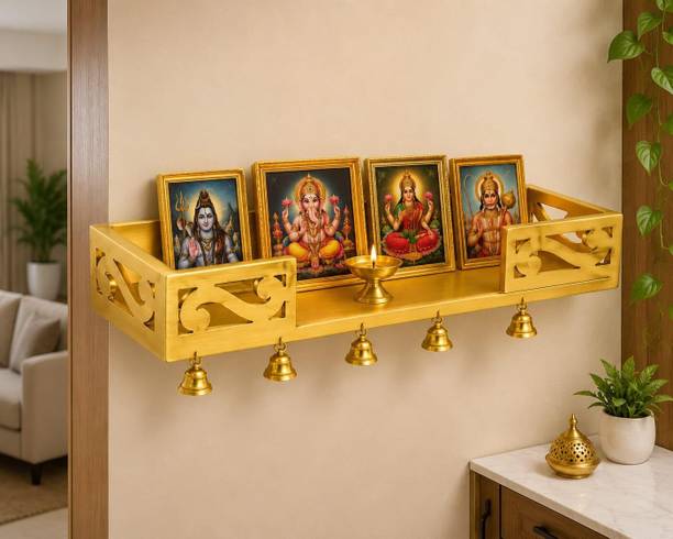 CaresWood Mdf Floating Wall Shelf With 5 Golden Bells For Pooja Room Decor Wooden, MDF (Medium Density Fiber) Wall Shelf