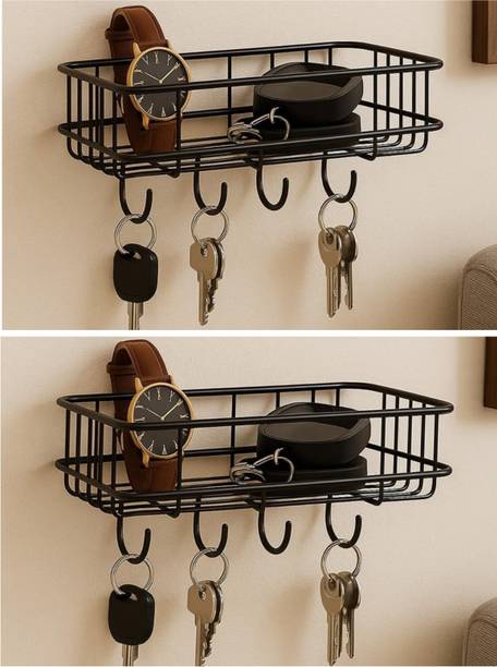 clayplus Bathroom rack self with 4 hooks to hang towel and more hanging items Iron Wall Shelf