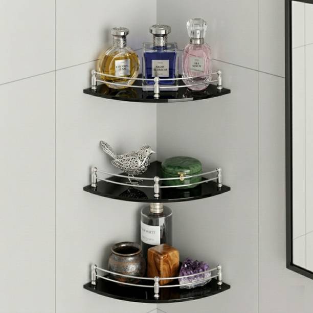 MOTIQO MOTIQO Black Glass Corner Shelf for Bathroom & Kitchen, Wall Mount Glass Shelves Glass Wall Shelf
