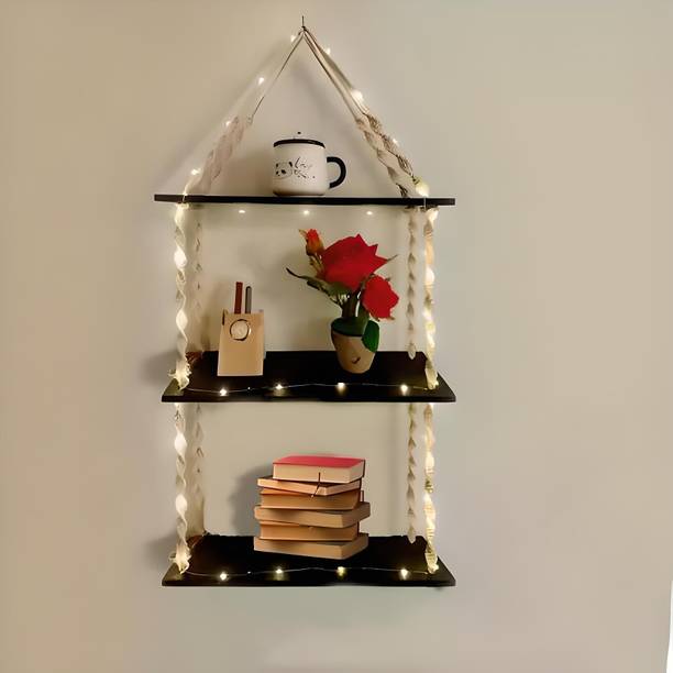 VAH Wood Macrema Knotting Rope 3 tier Wall hanging Wall shelf With LED light Wooden Wall Shelf