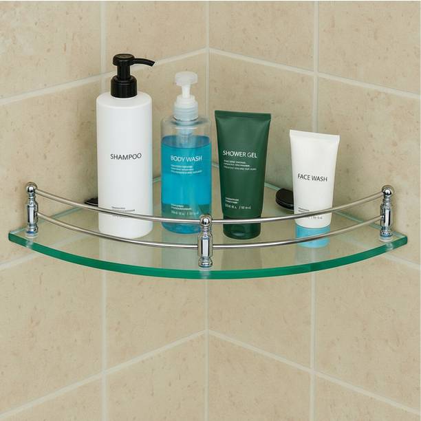 Shulin Homes Premium Round Transparent Glass Corner Shelf For Bathroom Accessories (9X9 Inch) Glass, Stainless Steel Wall Shelf