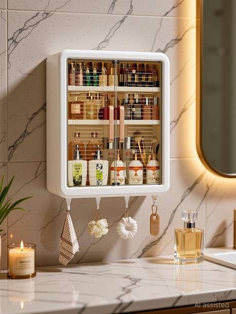 M Y Self-Adhesive Bathroom Storage Cabinet – Multi-Purpose Organizer with Hooks Plastic Wall Shelf