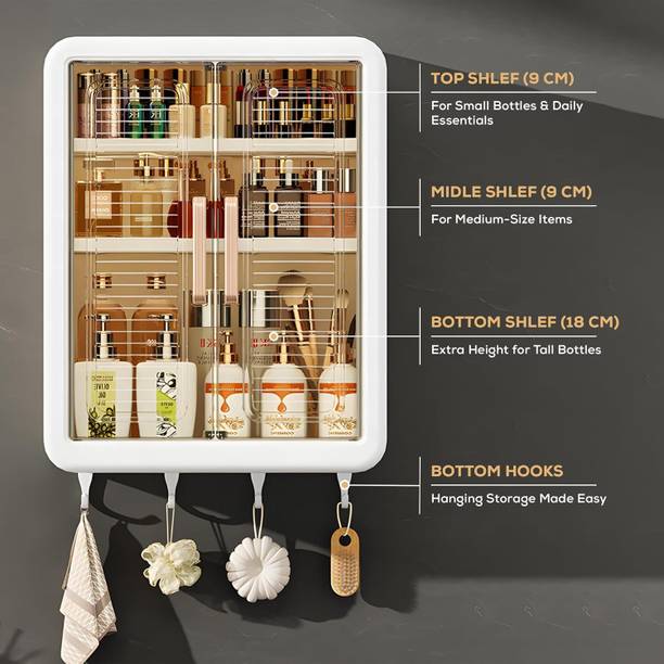 M Y Self-Adhesive Bathroom Storage Cabinet – Multi-Purpose Organizer with Hooks Plastic Wall Shelf