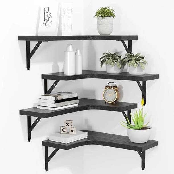 METALSWOOD Modern Wooden Corner Shelf– 4 Tier Floating Rack for Livingroom,Bedroom,Kitchen Iron, Wooden Wall Shelf