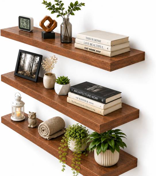 SHILAT ENTERPRISES 3 Set Brown Wall Mounted Floating Shelves Wooden Display Rack for Home Decor MDF (Medium Density Fiber) Wall Shelf
