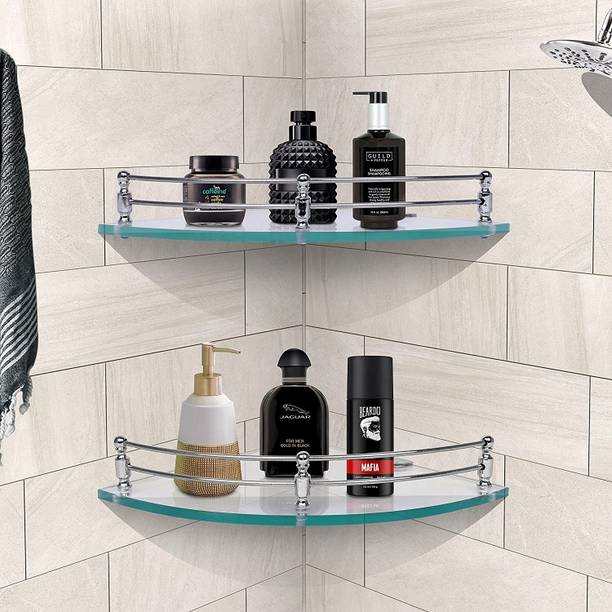 Impulse by Plantex Transparent Glass Corner Shelf for Bathroom/Storage Shelf(9x9Inch-Pack of 2) Glass Wall Shelf