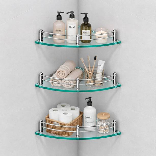Inficore Glass Corner Shelf 7.5 Inch Pack of 3 | Adhesive Chrome Glass Wall Shelf