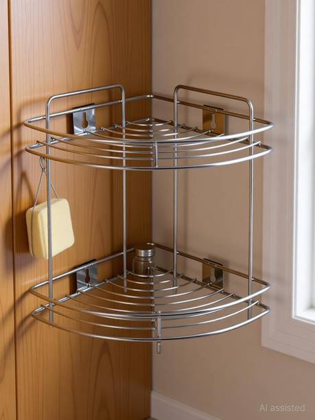 Spacekeeper Multipurpose Stainless Steel 2-Tier Corner Storage Rack Stainless Steel Wall Shelf