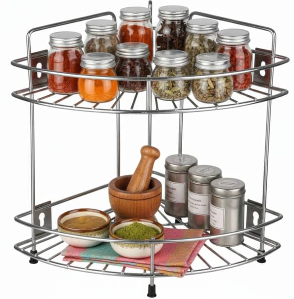 movla Stainless Steel 2-Tier Bathroom Corner Shelf / Kitchen Rack (Chrome Finis Stainless Steel Wall Shelf