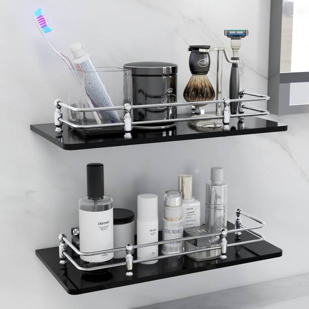 Garbnoire 12 x 6 Inch Multipurpose Wall Hung Glass Bathroom Shelf (Pack of 2) Glass, Stainless Steel Wall Shelf