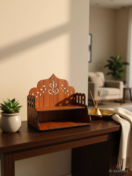 Gojeeva Premium Ganesh Ji Carved Pattern Devghar, Set-Top Box Stand Wooden Mandir Temple Wooden Wall Shelf