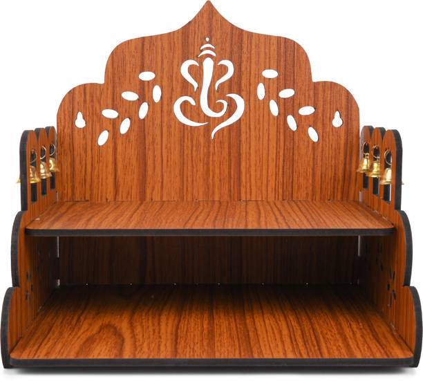 Gojeeva Premium Ganesh Ji Carved Pattern Devghar, Set-Top Box Stand Wooden Mandir Temple Wooden Wall Shelf